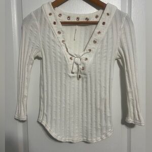 Free People White Ribbed Top with Grommet Detail